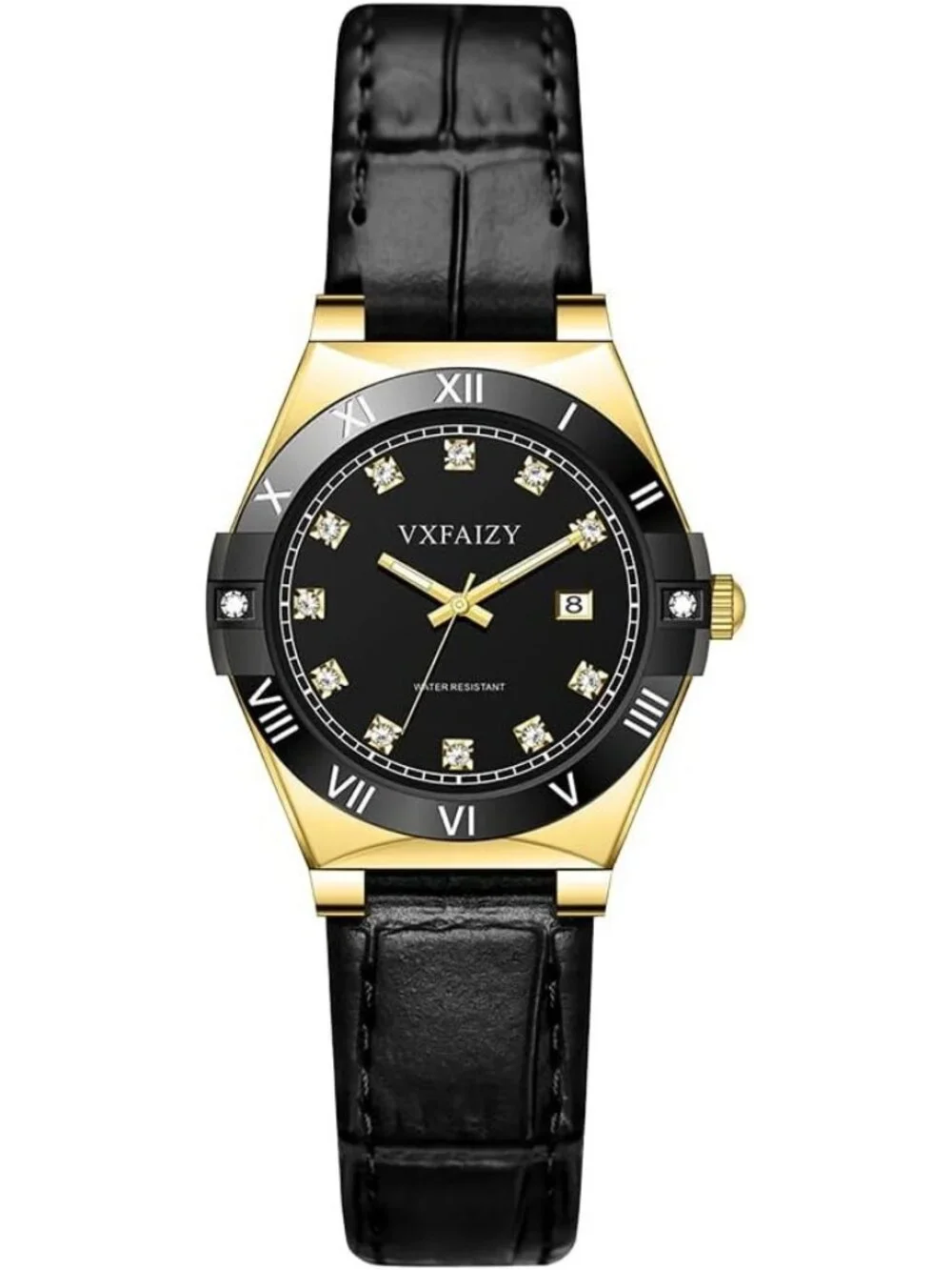 Women's Gold Black Crystal Diamond Dial Genuine Leather Strap Wrist Watches